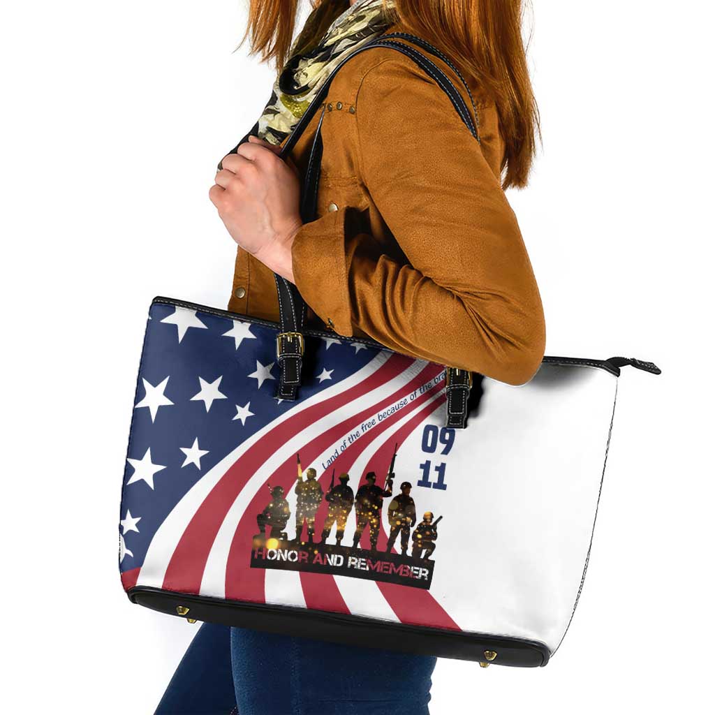 911 Memorial Leather Tote Bag Patriot Day American Flag and Soldier Silhouette Honor and Remember - Wonder Print Shop