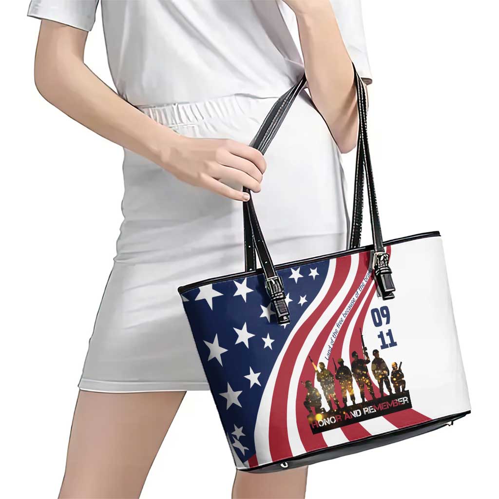 911 Memorial Leather Tote Bag Patriot Day American Flag and Soldier Silhouette Honor and Remember - Wonder Print Shop