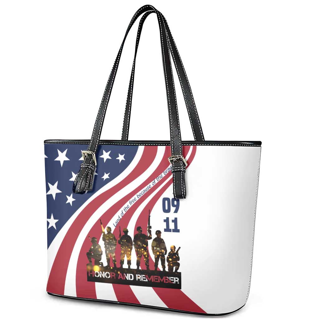 911 Memorial Leather Tote Bag Patriot Day American Flag and Soldier Silhouette Honor and Remember - Wonder Print Shop