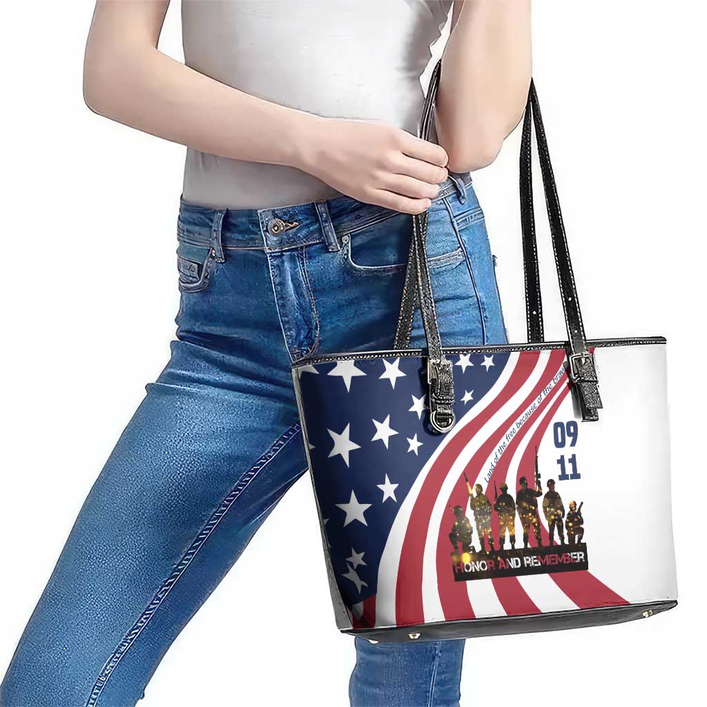 911 Memorial Leather Tote Bag Patriot Day American Flag and Soldier Silhouette Honor and Remember - Wonder Print Shop
