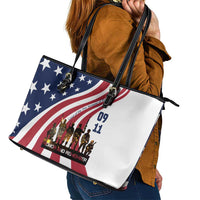 911 Memorial Leather Tote Bag Patriot Day American Flag and Soldier Silhouette Honor and Remember - Wonder Print Shop