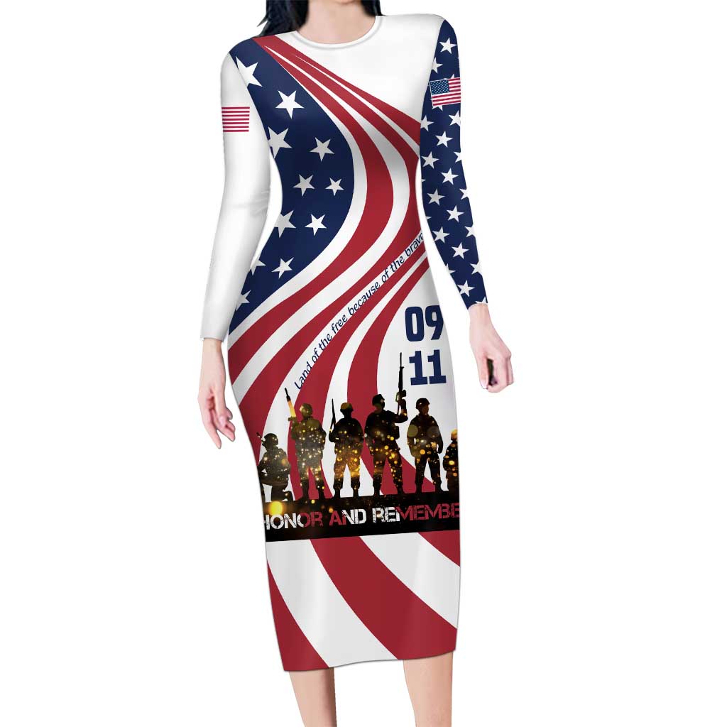 911 Memorial Long Sleeve Bodycon Dress Patriot Day American Flag and Soldier Silhouette Honor and Remember - Wonder Print Shop