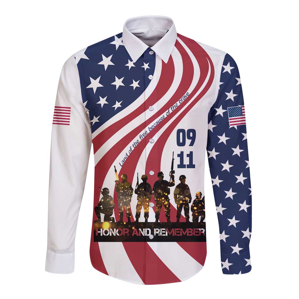 911 Memorial Long Sleeve Button Shirt Patriot Day American Flag and Soldier Silhouette Honor and Remember - Wonder Print Shop