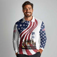 911 Memorial Long Sleeve Polo Shirt Patriot Day American Flag and Soldier Silhouette Honor and Remember - Wonder Print Shop