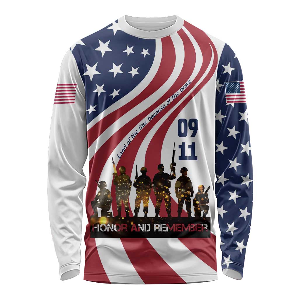 911 Memorial Long Sleeve Shirt Patriot Day American Flag and Soldier Silhouette Honor and Remember - Wonder Print Shop