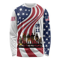 911 Memorial Long Sleeve Shirt Patriot Day American Flag and Soldier Silhouette Honor and Remember - Wonder Print Shop