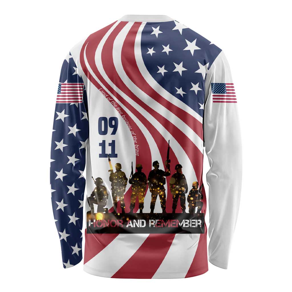 911 Memorial Long Sleeve Shirt Patriot Day American Flag and Soldier Silhouette Honor and Remember - Wonder Print Shop