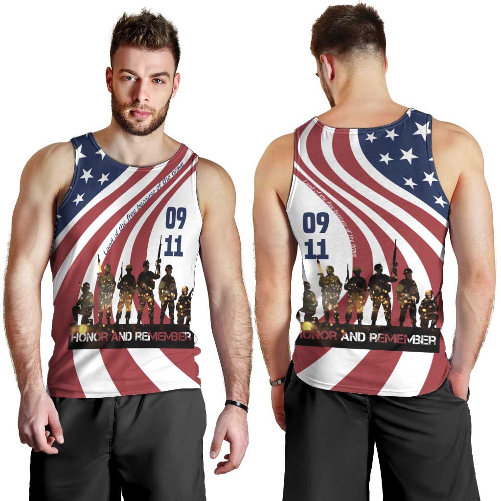 911 Memorial Men Tank Top Patriot Day American Flag and Soldier Silhouette Honor and Remember - Wonder Print Shop