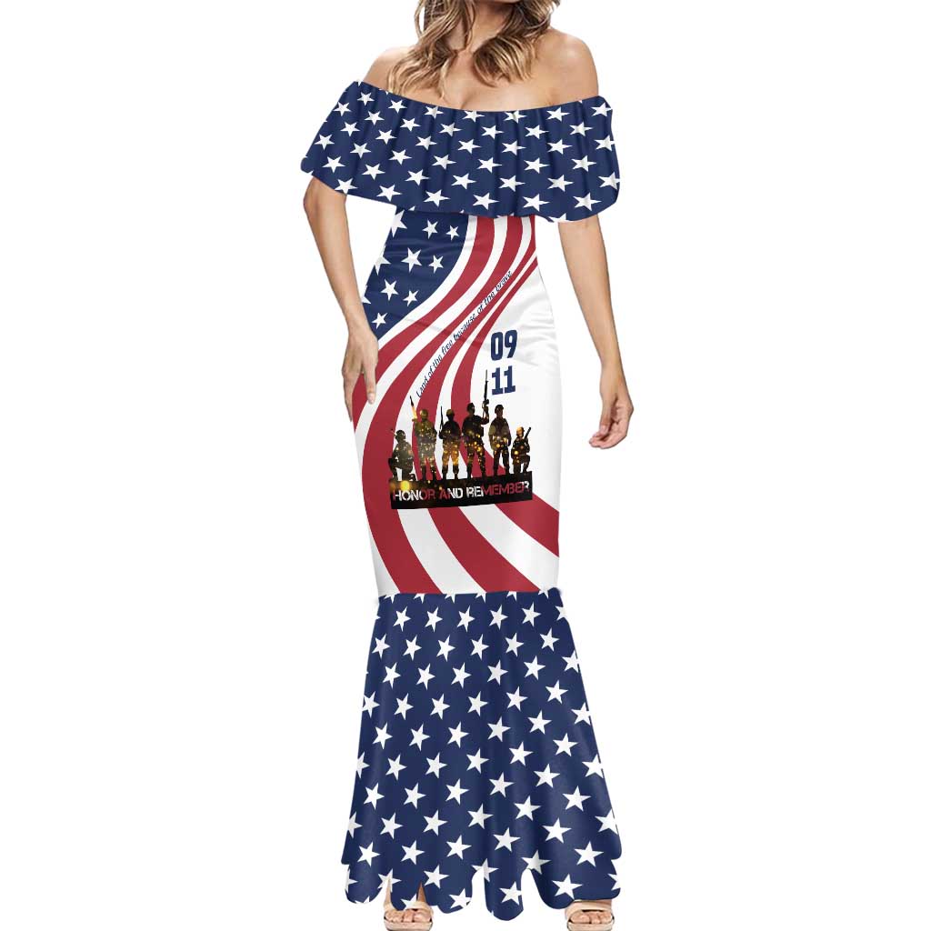 911 Memorial Mermaid Dress Patriot Day American Flag and Soldier Silhouette Honor and Remember - Wonder Print Shop