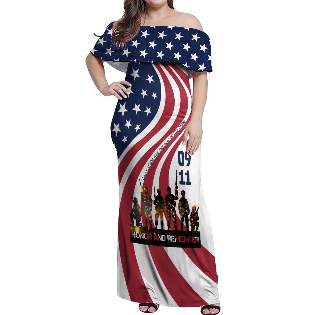 911 Memorial Off Shoulder Maxi Dress Patriot Day American Flag and Soldier Silhouette Honor and Remember - Wonder Print Shop