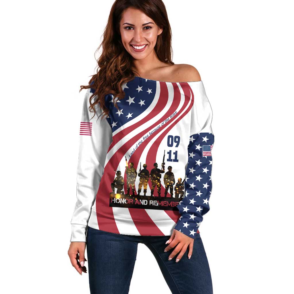 911 Memorial Off Shoulder Sweater Patriot Day American Flag and Soldier Silhouette Honor and Remember - Wonder Print Shop