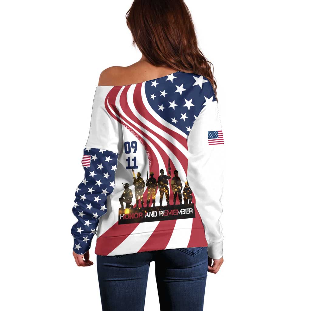 911 Memorial Off Shoulder Sweater Patriot Day American Flag and Soldier Silhouette Honor and Remember - Wonder Print Shop