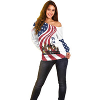 911 Memorial Off Shoulder Sweater Patriot Day American Flag and Soldier Silhouette Honor and Remember - Wonder Print Shop