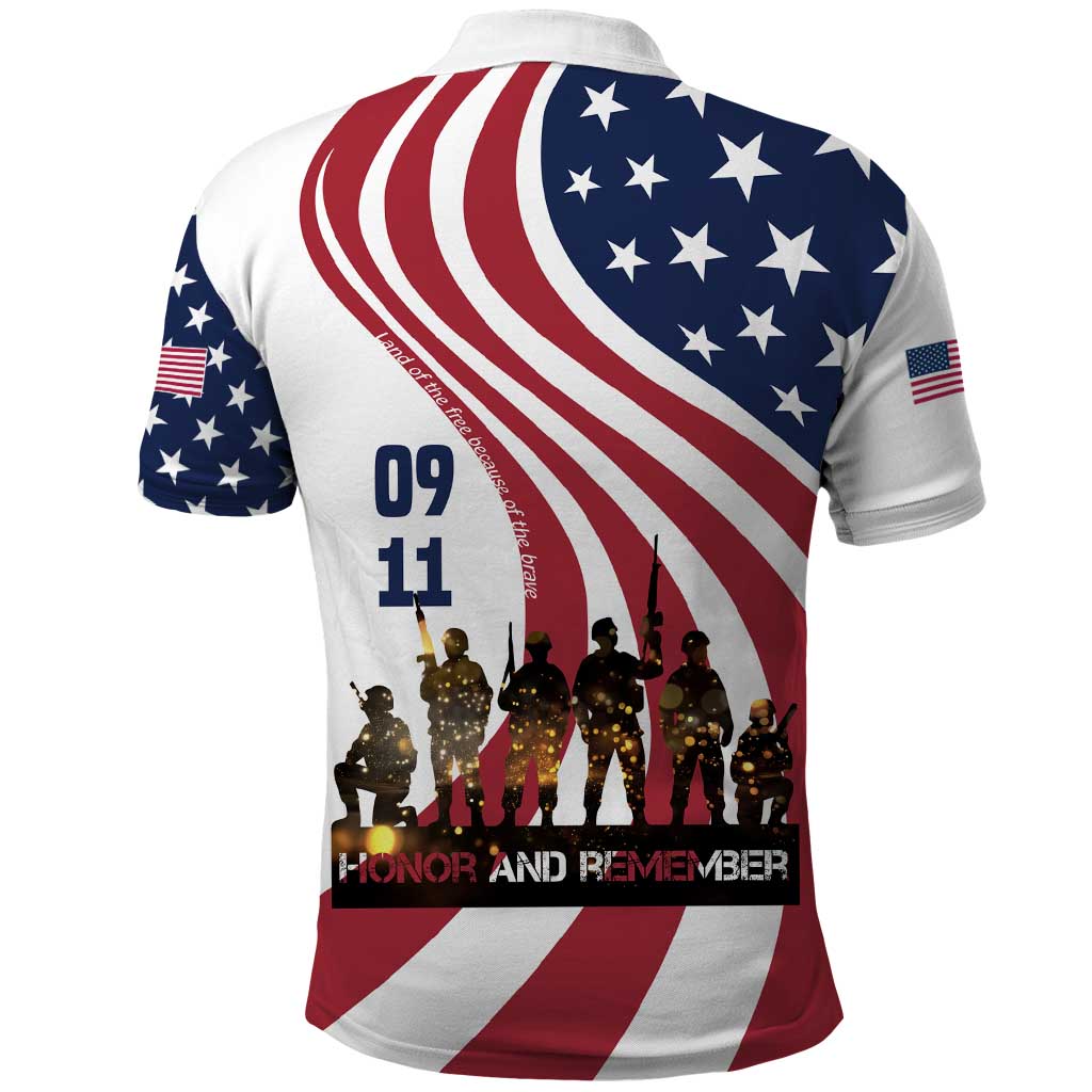 911 Memorial Polo Shirt Patriot Day American Flag and Soldier Silhouette Honor and Remember - Wonder Print Shop
