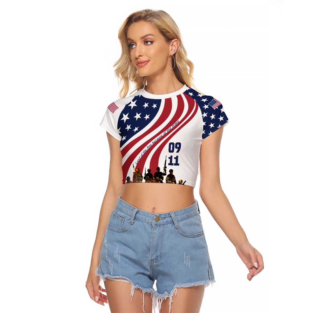 911 Memorial Raglan Cropped T Shirt Patriot Day American Flag and Soldier Silhouette Honor and Remember - Wonder Print Shop
