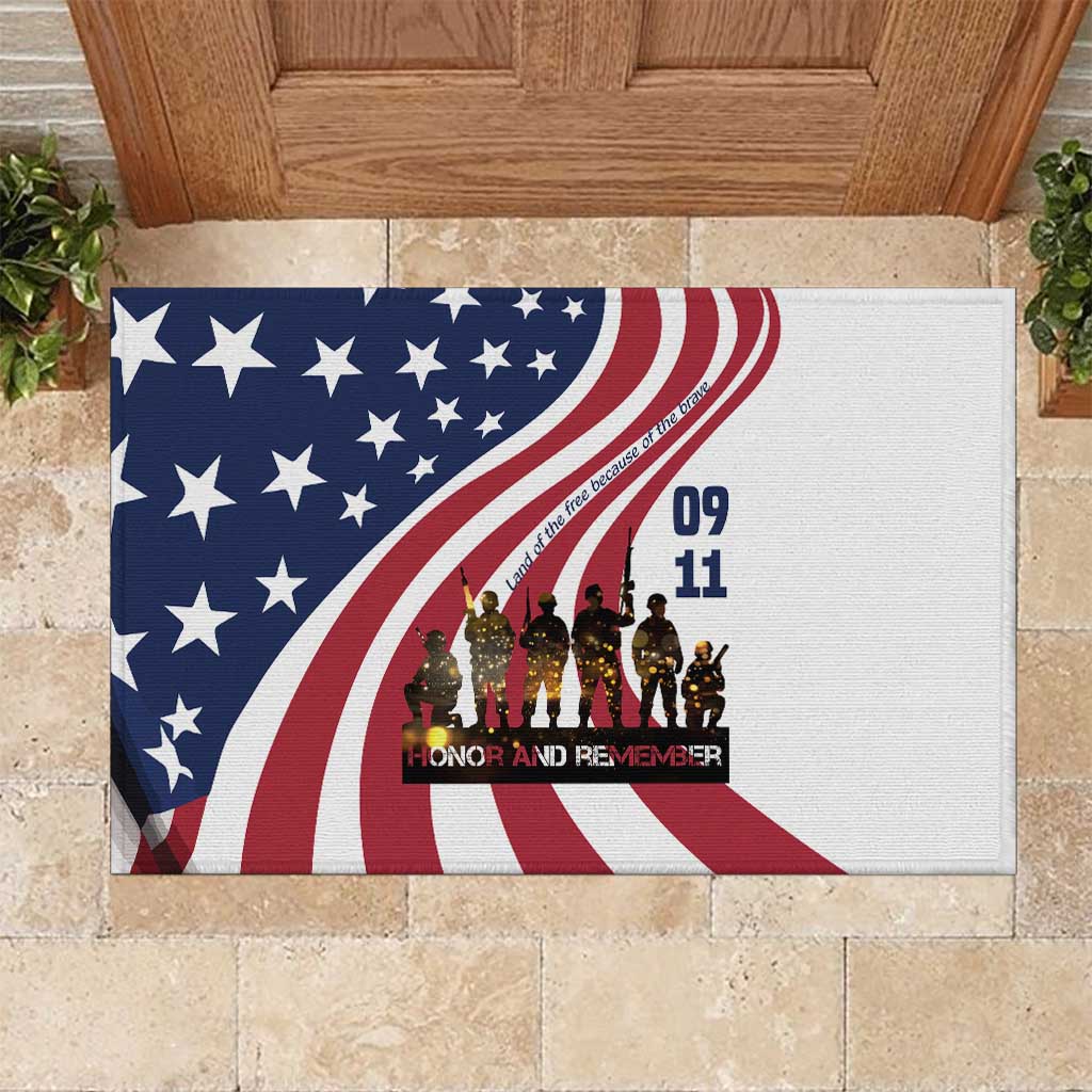 911 Memorial Rubber Doormat Patriot Day American Flag and Soldier Silhouette Honor and Remember - Wonder Print Shop