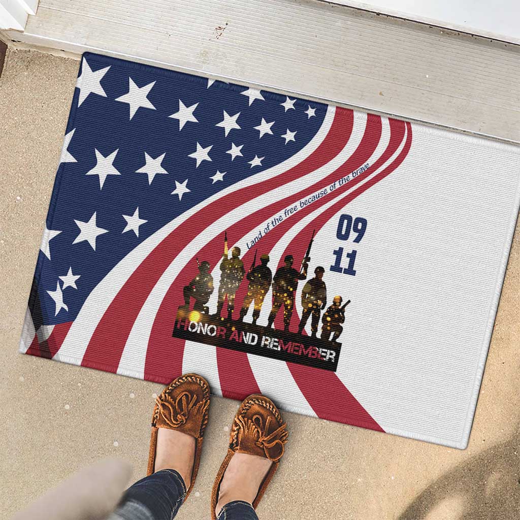 911 Memorial Rubber Doormat Patriot Day American Flag and Soldier Silhouette Honor and Remember - Wonder Print Shop