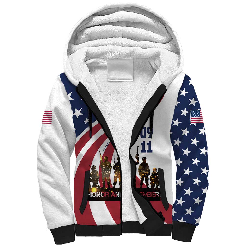 911 Memorial Sherpa Hoodie Patriot Day American Flag and Soldier Silhouette Honor and Remember - Wonder Print Shop