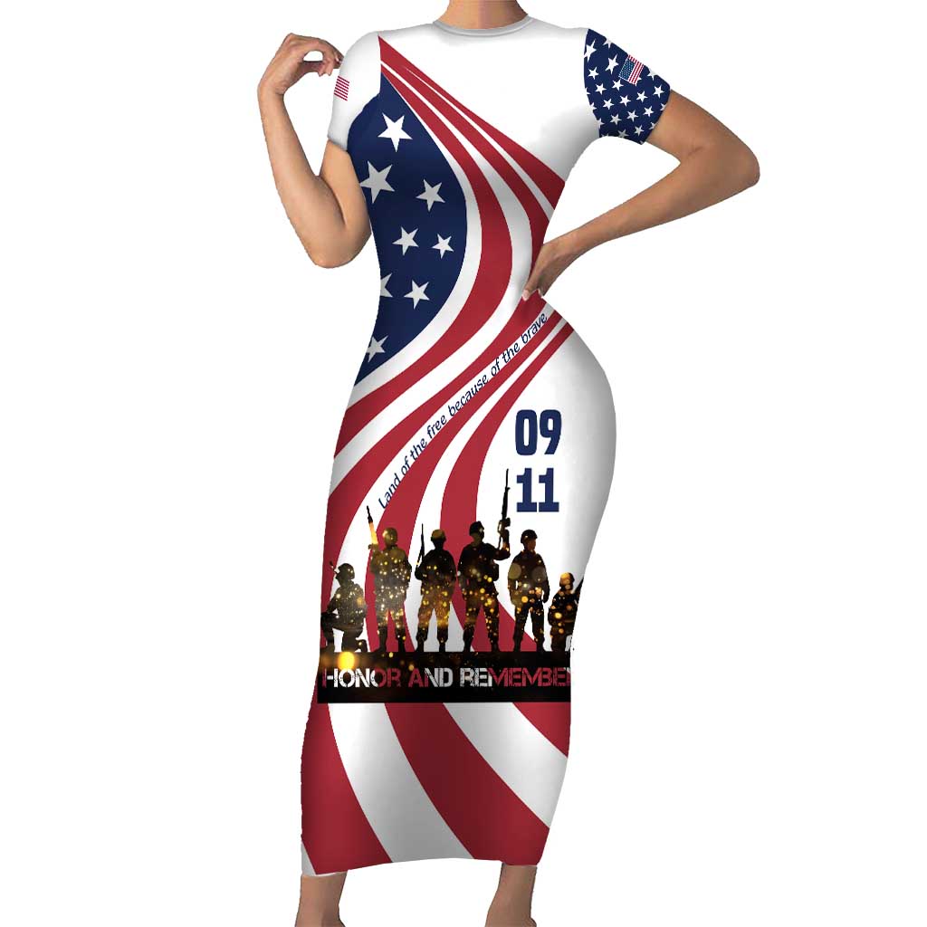 911 Memorial Short Sleeve Bodycon Dress Patriot Day American Flag and Soldier Silhouette Honor and Remember - Wonder Print Shop