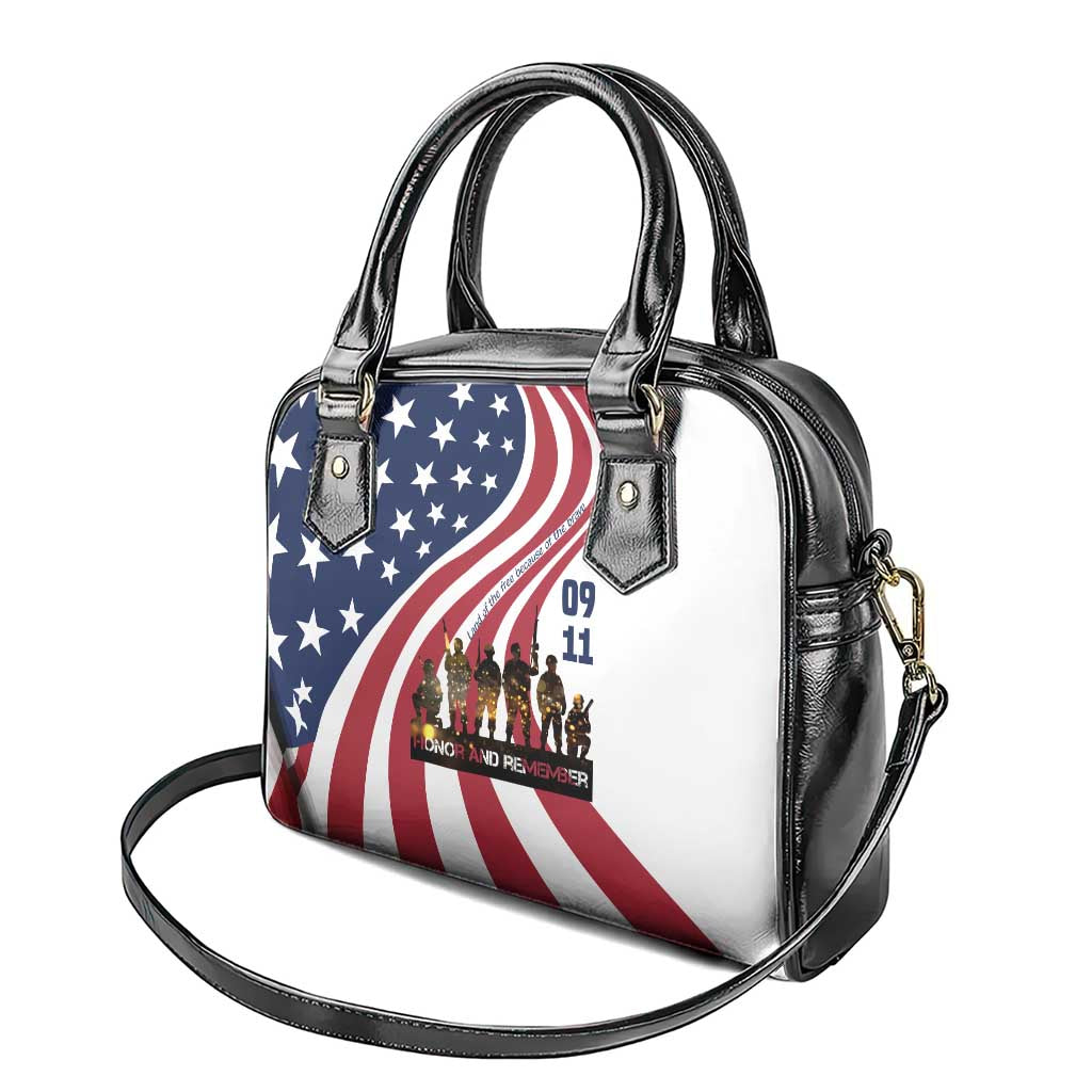 911 Memorial Shoulder Handbag Patriot Day American Flag and Soldier Silhouette Honor and Remember - Wonder Print Shop