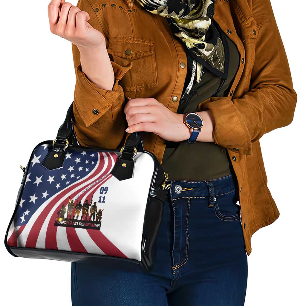911 Memorial Shoulder Handbag Patriot Day American Flag and Soldier Silhouette Honor and Remember - Wonder Print Shop