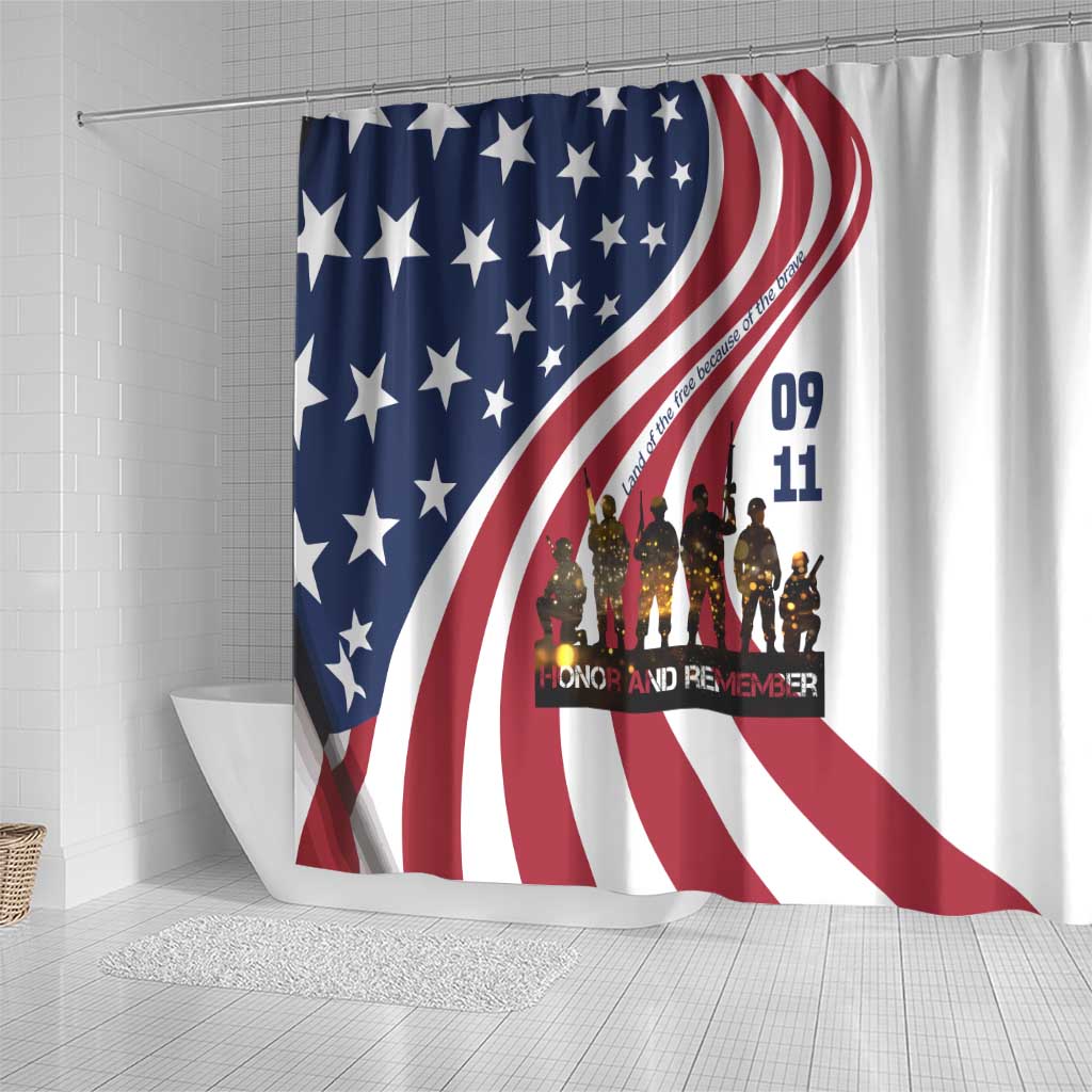 911 Memorial Shower Curtain Patriot Day American Flag and Soldier Silhouette Honor and Remember - Wonder Print Shop