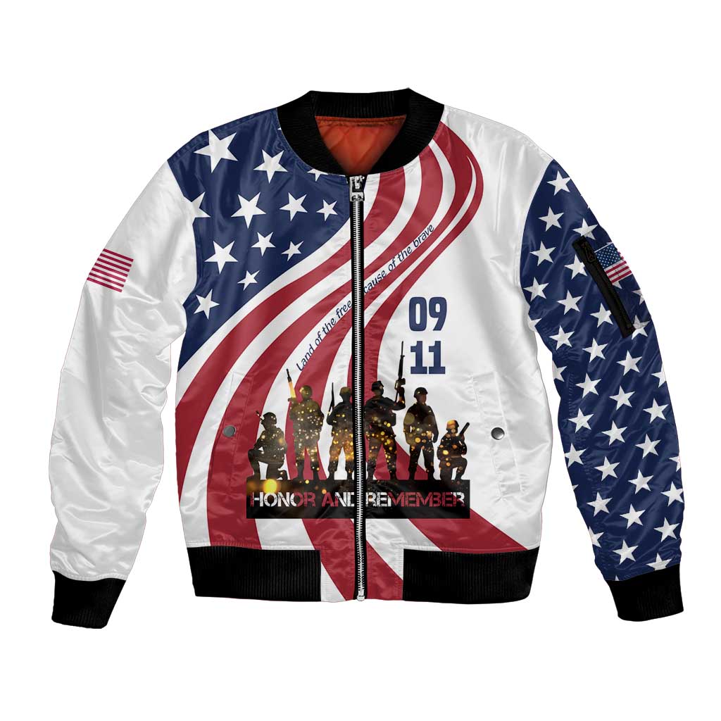 911 Memorial Sleeve Zip Bomber Jacket Patriot Day American Flag and Soldier Silhouette Honor and Remember - Wonder Print Shop