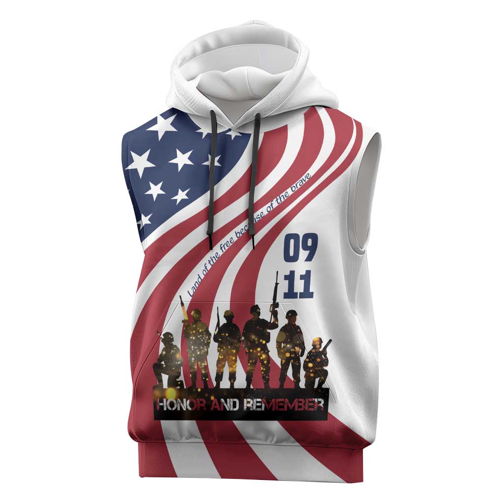 911 Memorial Sleeveless Hoodie Patriot Day American Flag and Soldier Silhouette Honor and Remember - Wonder Print Shop