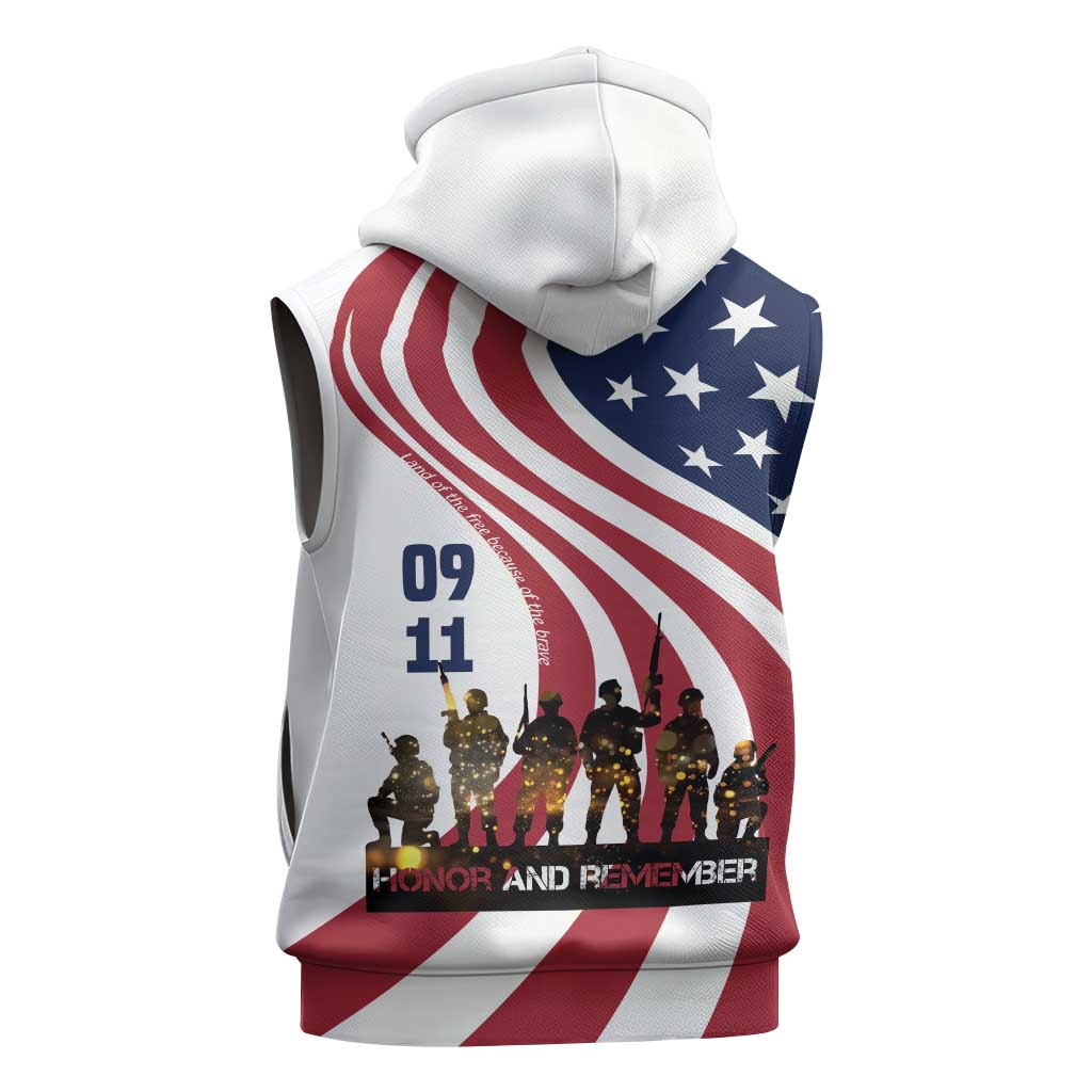 911 Memorial Sleeveless Hoodie Patriot Day American Flag and Soldier Silhouette Honor and Remember - Wonder Print Shop