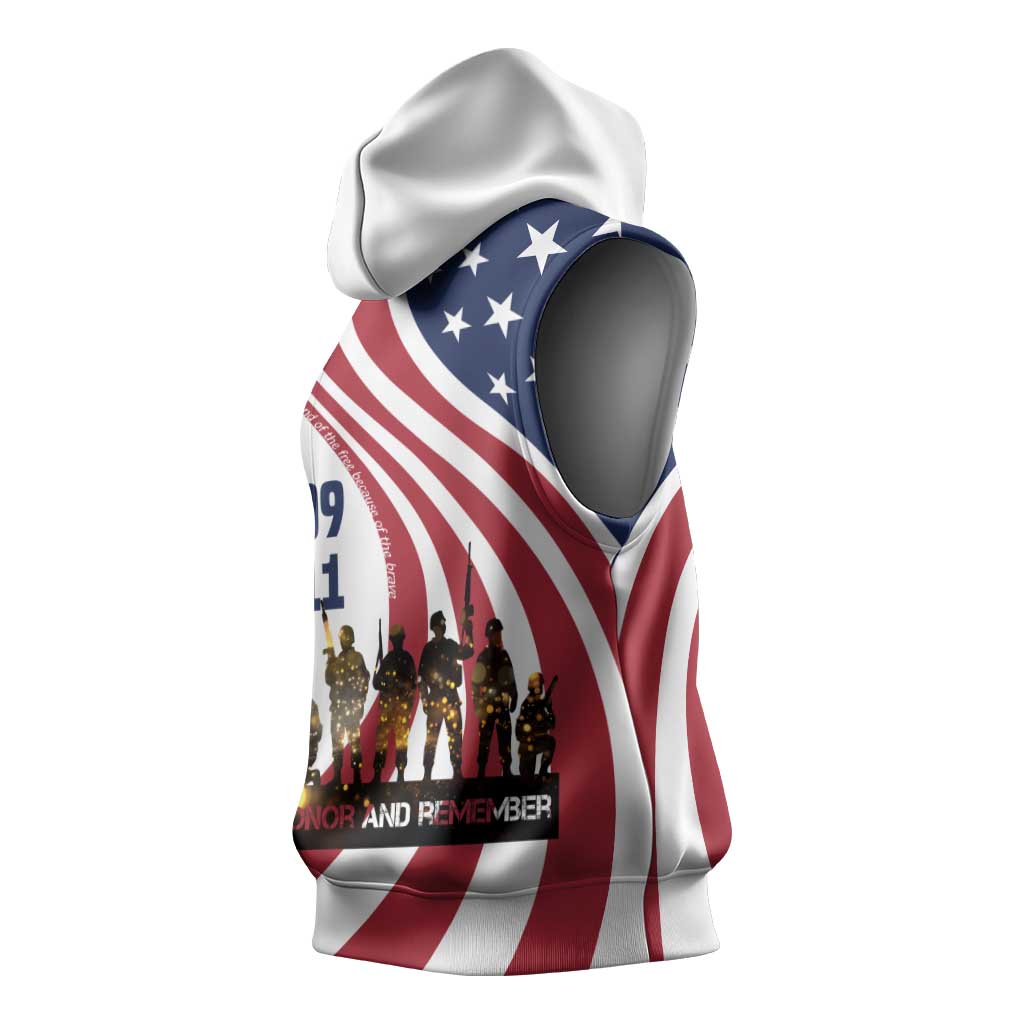911 Memorial Sleeveless Hoodie Patriot Day American Flag and Soldier Silhouette Honor and Remember - Wonder Print Shop