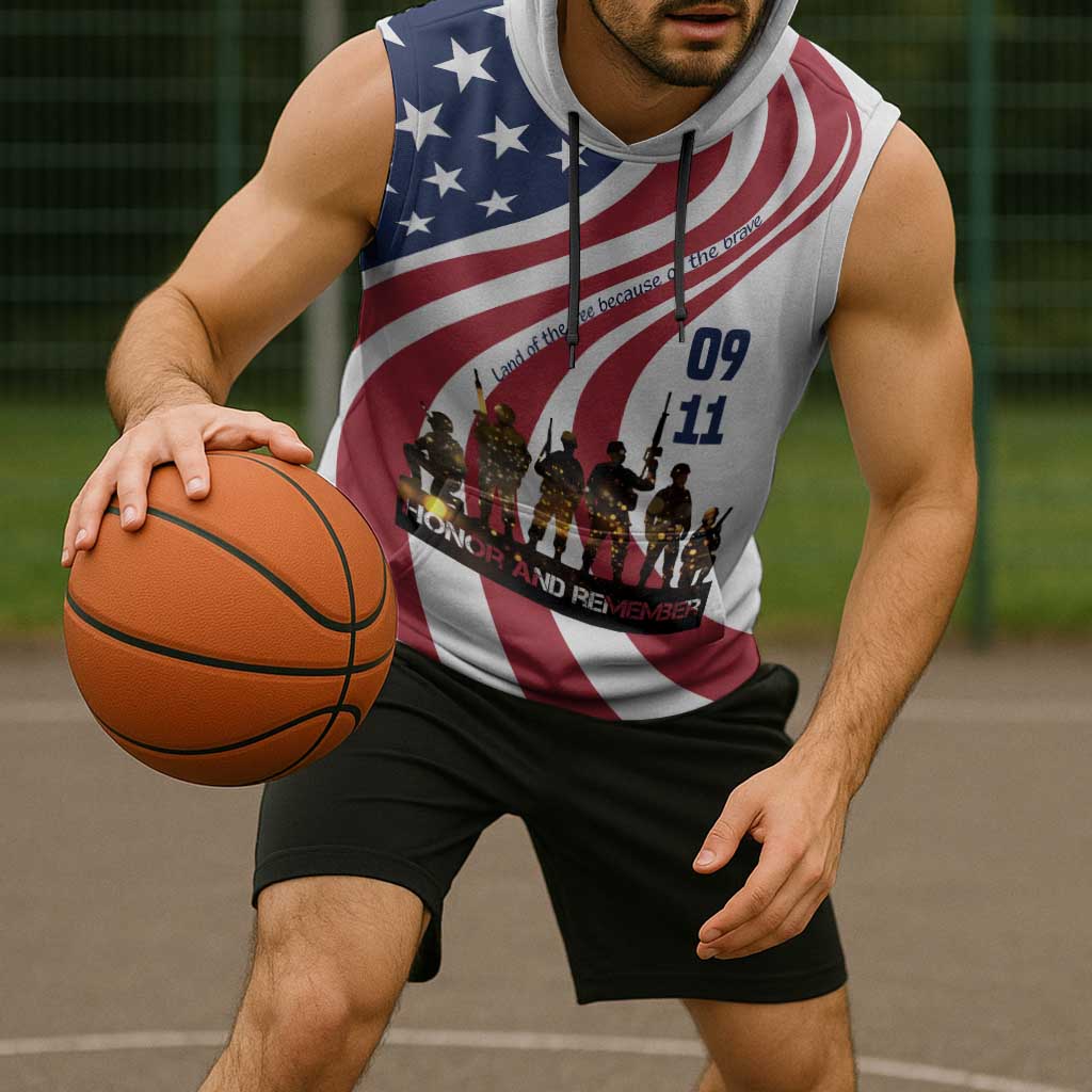 911 Memorial Sleeveless Hoodie Patriot Day American Flag and Soldier Silhouette Honor and Remember - Wonder Print Shop