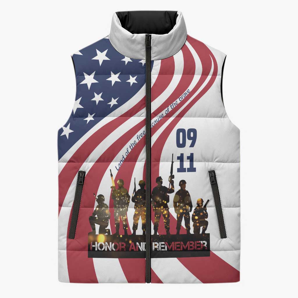 911 Memorial Sleeveless Puffer Jacket Patriot Day American Flag and Soldier Silhouette Honor and Remember - Wonder Print Shop