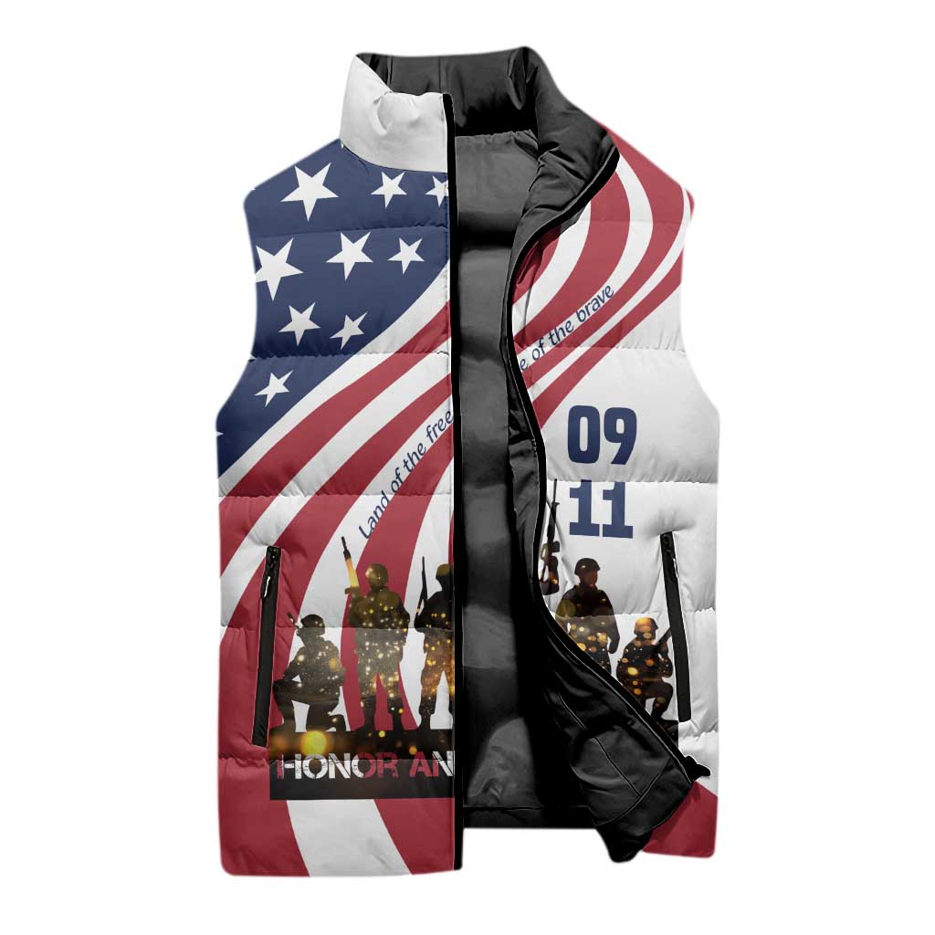 911 Memorial Sleeveless Puffer Jacket Patriot Day American Flag and Soldier Silhouette Honor and Remember - Wonder Print Shop