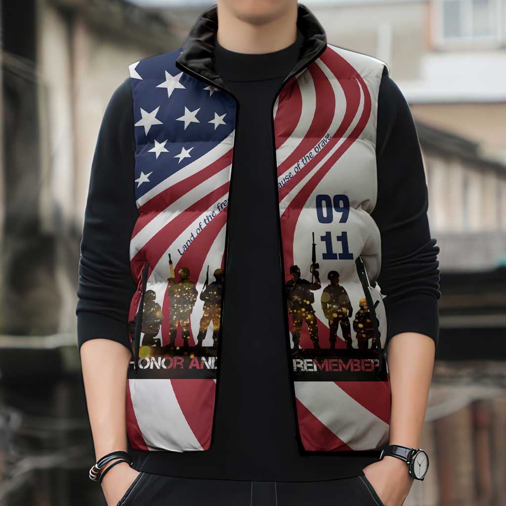911 Memorial Sleeveless Puffer Jacket Patriot Day American Flag and Soldier Silhouette Honor and Remember - Wonder Print Shop
