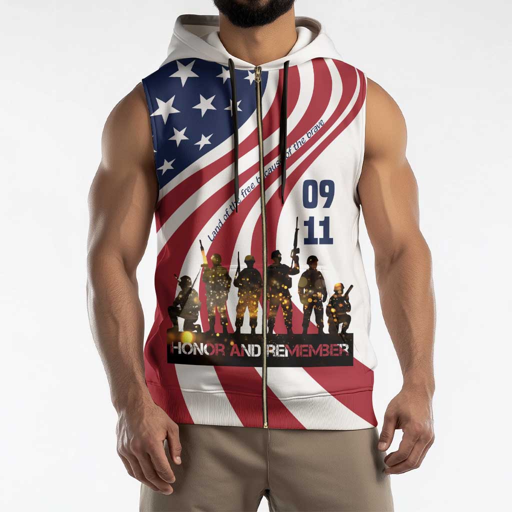 911 Memorial Sleeveless Zip Hoodie Patriot Day American Flag and Soldier Silhouette Honor and Remember - Wonder Print Shop