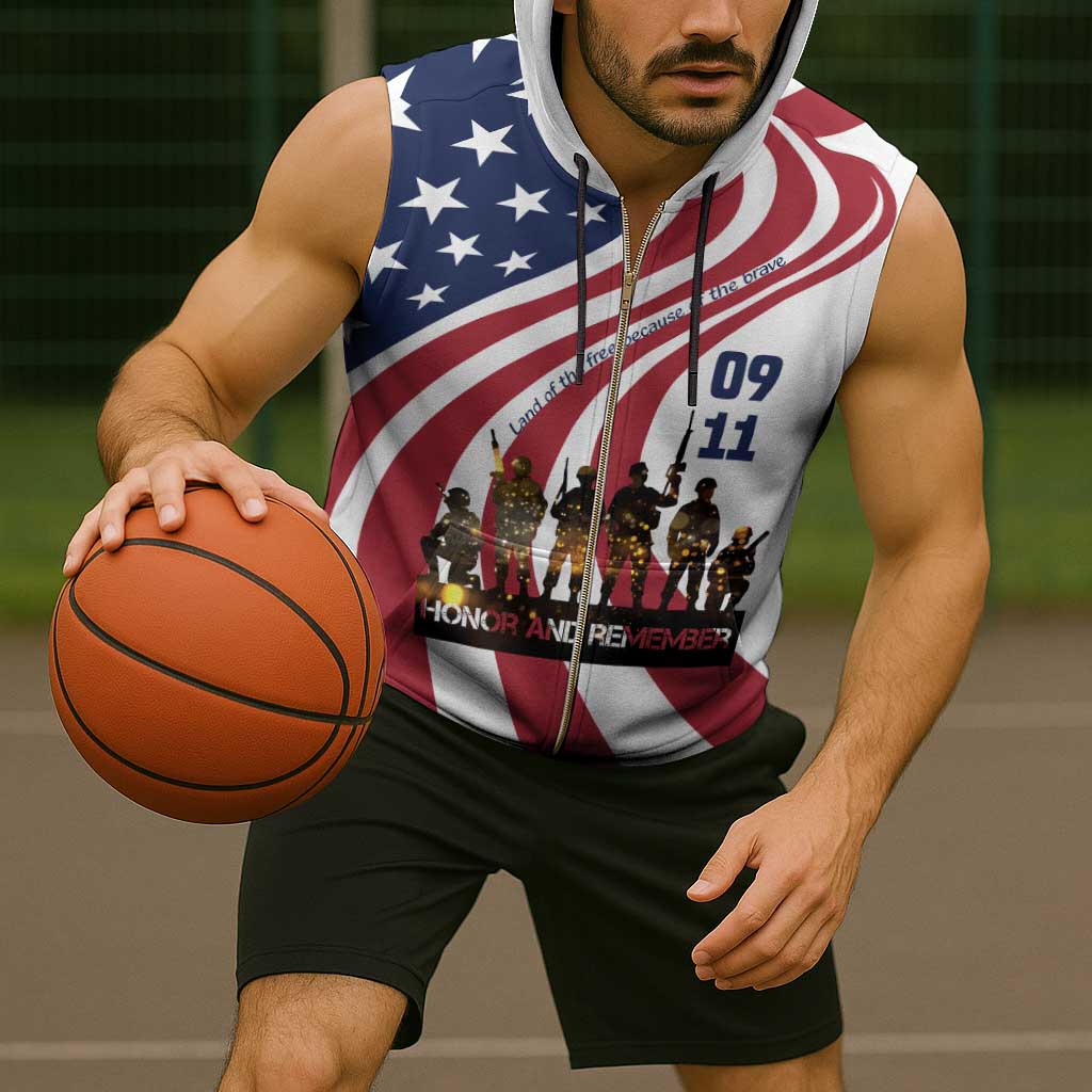 911 Memorial Sleeveless Zip Hoodie Patriot Day American Flag and Soldier Silhouette Honor and Remember - Wonder Print Shop