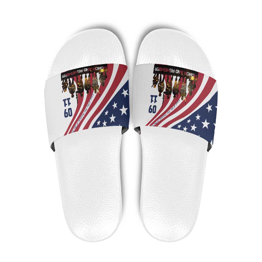 911 Memorial Slide Sandals Patriot Day American Flag and Soldier Silhouette Honor and Remember - Wonder Print Shop