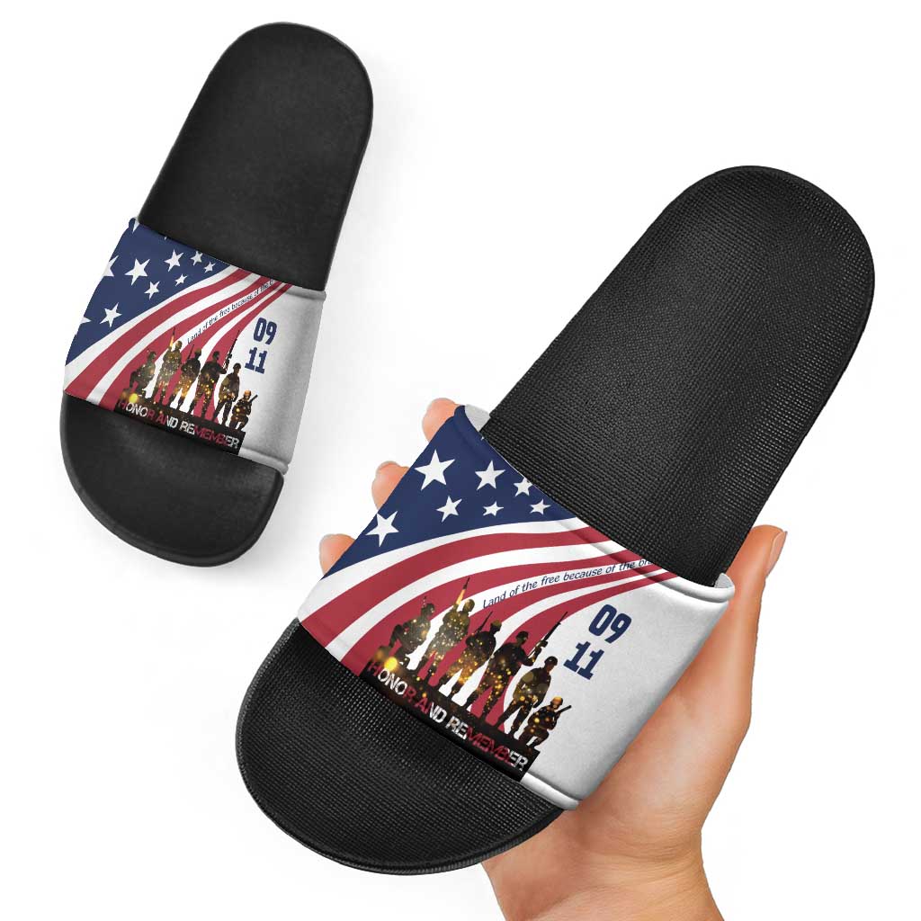 911 Memorial Slide Sandals Patriot Day American Flag and Soldier Silhouette Honor and Remember - Wonder Print Shop