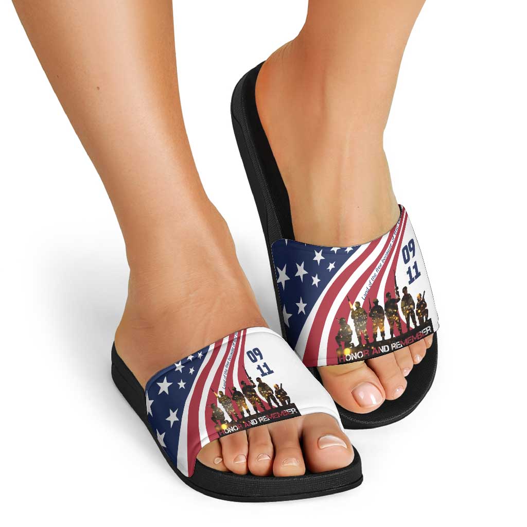 911 Memorial Slide Sandals Patriot Day American Flag and Soldier Silhouette Honor and Remember - Wonder Print Shop