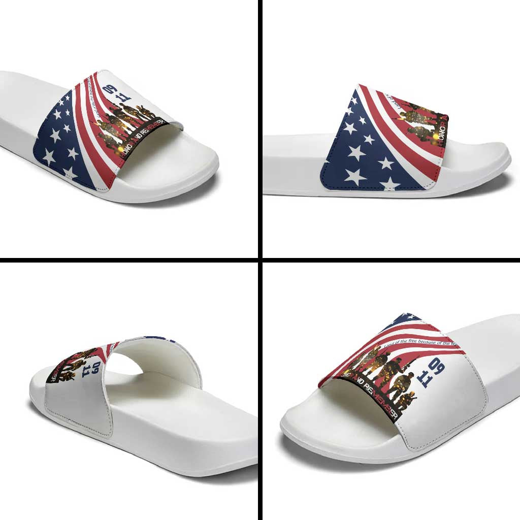 911 Memorial Slide Sandals Patriot Day American Flag and Soldier Silhouette Honor and Remember - Wonder Print Shop