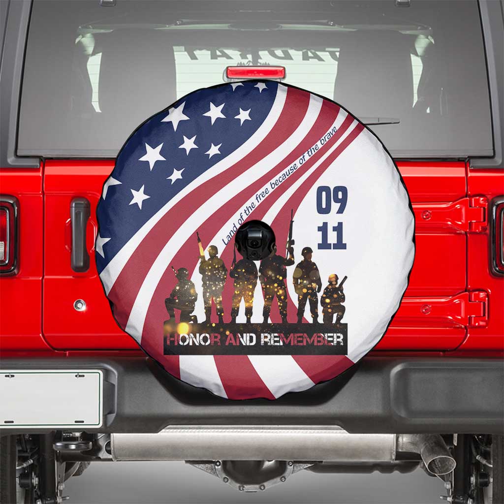 911 Memorial Spare Tire Cover Patriot Day American Flag and Soldier Silhouette Honor and Remember - Wonder Print Shop