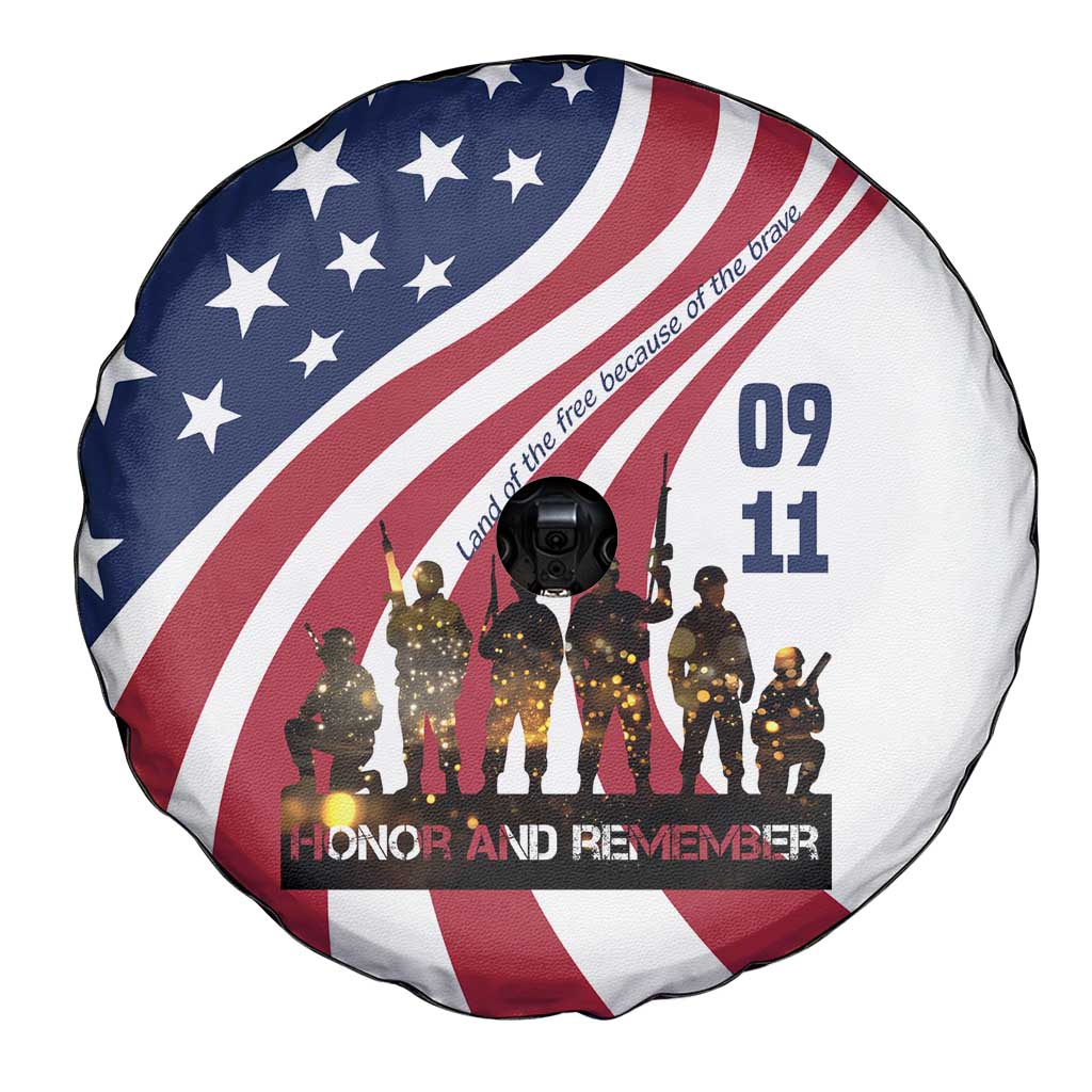 911 Memorial Spare Tire Cover Patriot Day American Flag and Soldier Silhouette Honor and Remember - Wonder Print Shop