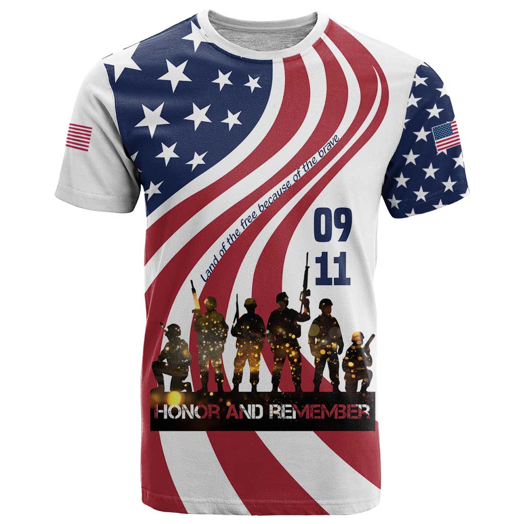 911 Memorial T Shirt Patriot Day American Flag and Soldier Silhouette Honor and Remember - Wonder Print Shop