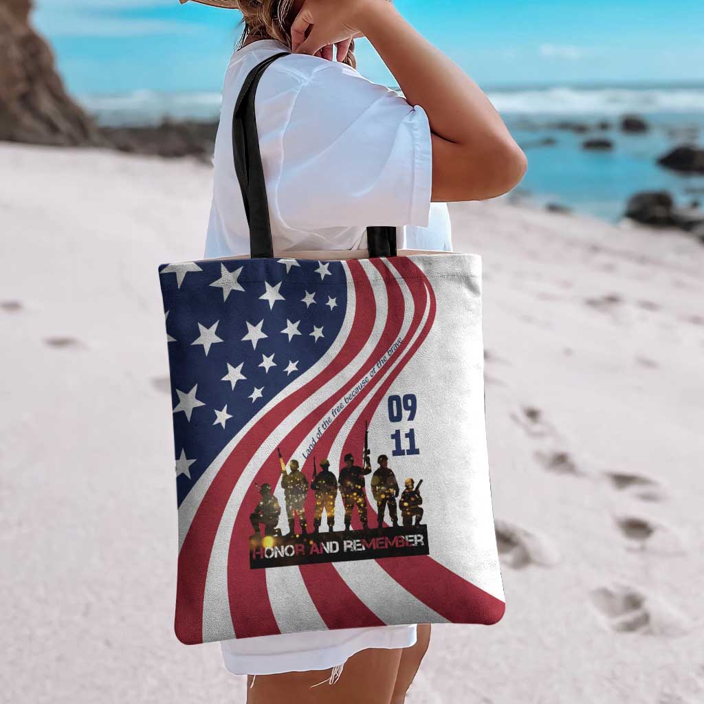 911 Memorial Tote Bag Patriot Day American Flag and Soldier Silhouette Honor and Remember - Wonder Print Shop