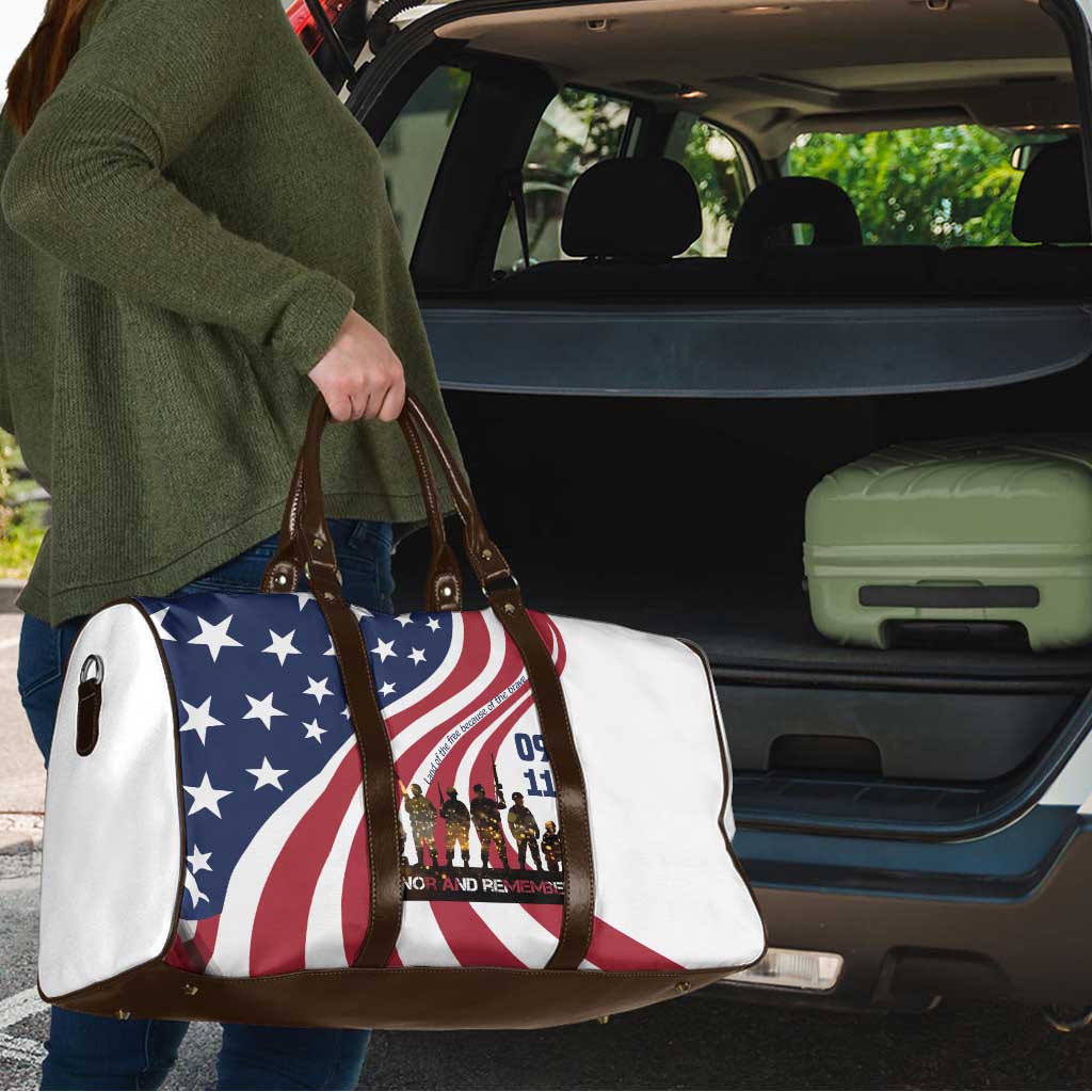 911 Memorial Travel Bag Patriot Day American Flag and Soldier Silhouette Honor and Remember - Wonder Print Shop