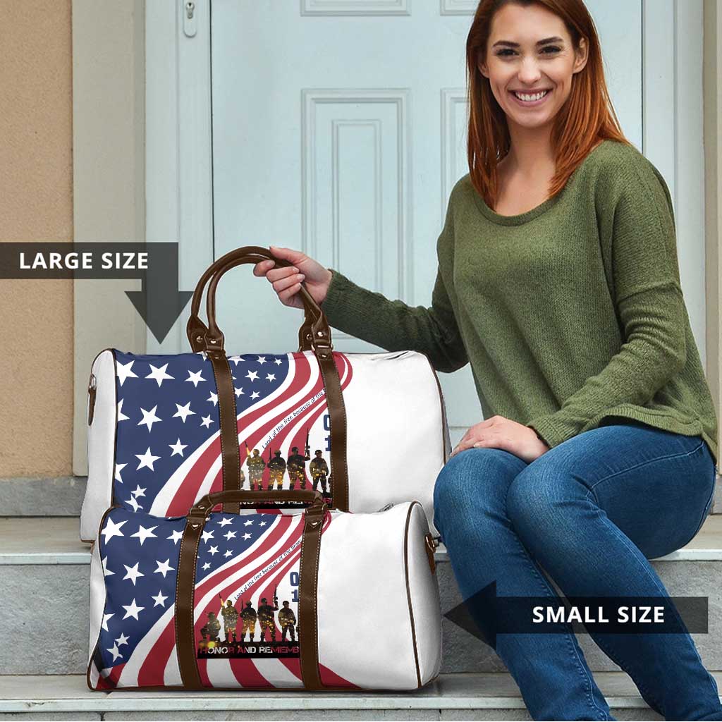 911 Memorial Travel Bag Patriot Day American Flag and Soldier Silhouette Honor and Remember - Wonder Print Shop