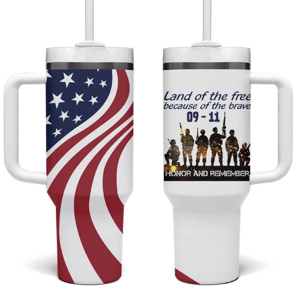 911 Memorial Tumbler With Handle Patriot Day American Flag and Soldier Silhouette Honor and Remember - Wonder Print Shop
