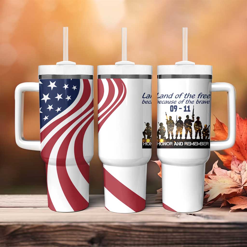 911 Memorial Tumbler With Handle Patriot Day American Flag and Soldier Silhouette Honor and Remember - Wonder Print Shop