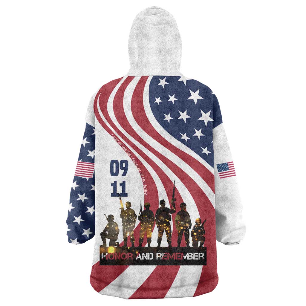 911 Memorial Wearable Blanket Hoodie Patriot Day American Flag and Soldier Silhouette Honor and Remember - Wonder Print Shop
