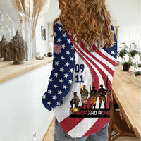 911 Memorial Women Casual Shirt Patriot Day American Flag and Soldier Silhouette Honor and Remember - Wonder Print Shop